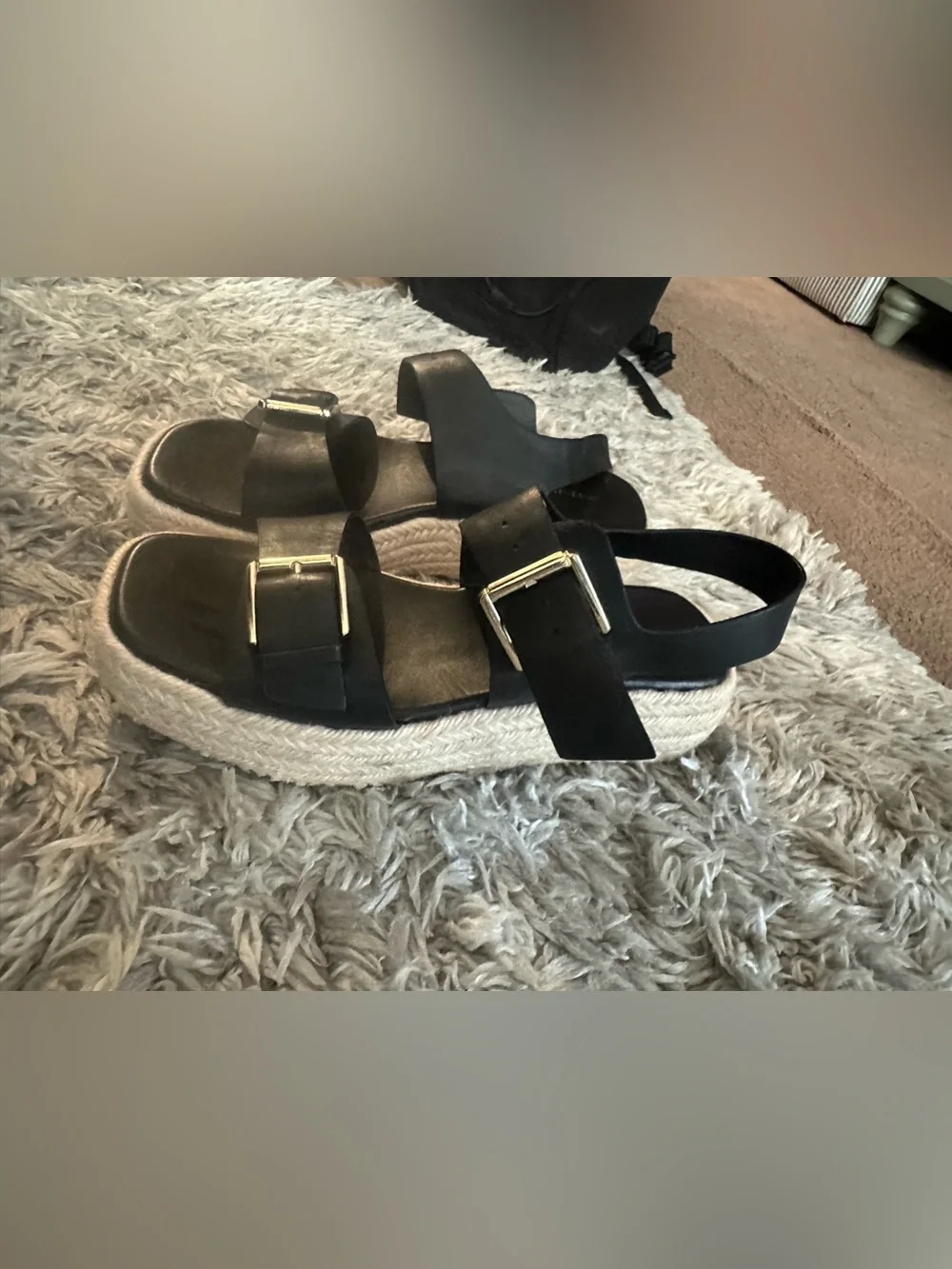 NORDSTROM Black Leather Double-Buckle Espadrille Sandals with Gold Buckles $100+
